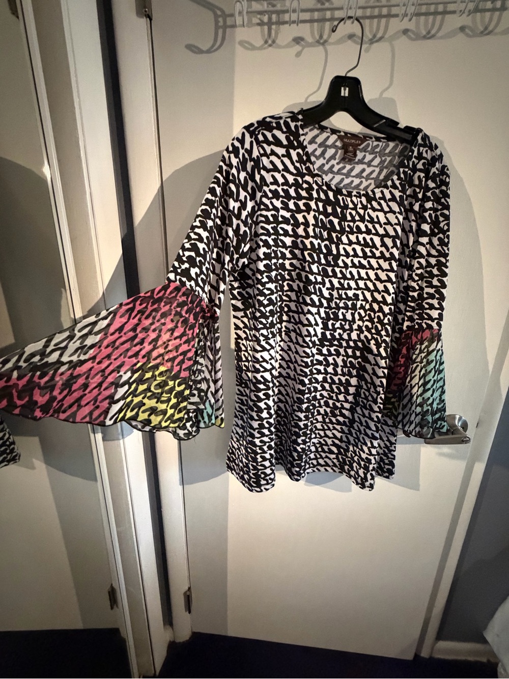 Multiples Women’s Black & White Patterned Bell Sleeve Top with Multicolor Accent